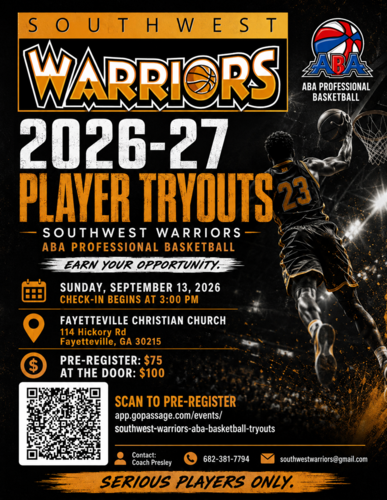 Southwest Warriors 2026–27 ABA Player Tryouts poster